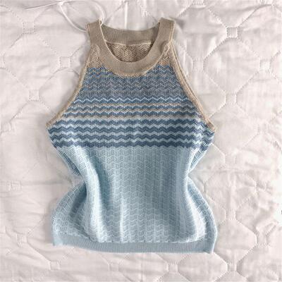 深圳南油轻奢高端货波浪条纹挂脖背心女春夏镂空渐变色针织上衣