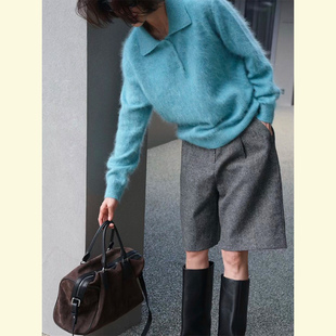 淡人高知穿搭韩系慵懒风蓝色polo领针织衫毛衣七分裤套装女秋冬季