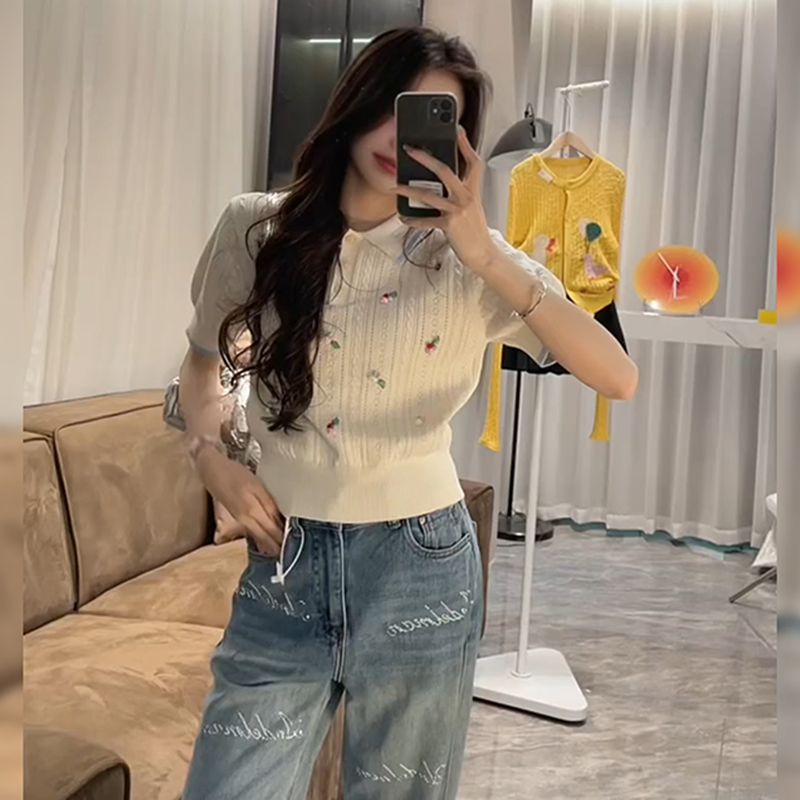 白色冰丝针织短袖T恤女夏季2025新款小个子短款polo领泡泡袖上衣