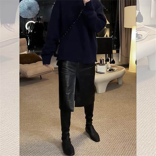 深圳南油高端货黑色皮裙半身裙女秋冬气质优雅百搭减龄开叉PU裙子