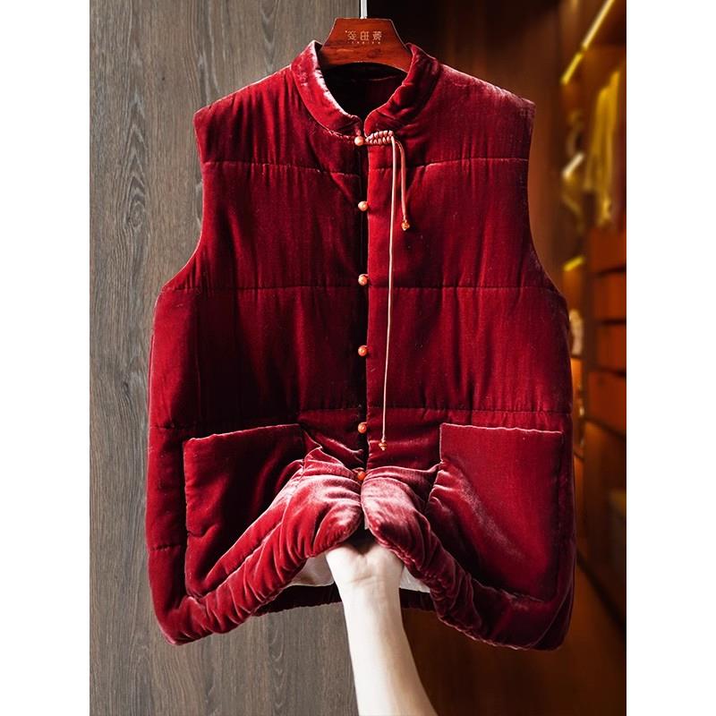 深圳南油高端货~中式新年红马夹女2025冬季盘扣丝绒棉服马甲外套