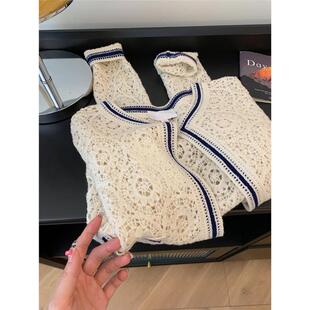 小香风钩花重工刺绣蕾丝白色上衣2024早秋款 宽松外套女 圆领针织衫