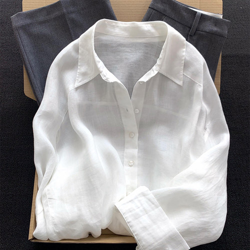 CHAO级推荐~高端货值得入~琎口亚麻白色衬衫女2025新款极简风上衣