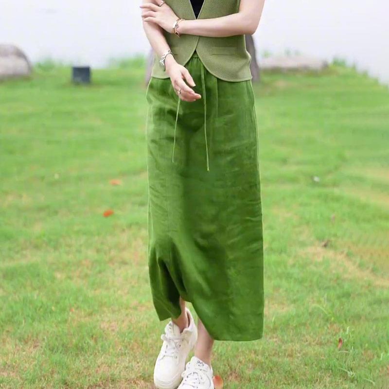 深圳南油高端货~绿色亚麻减龄舒适半身裙女气质流行高级直筒裙夏