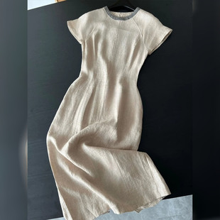 深圳南油高端货夏天杏白色亚麻连衣裙2025今年流行大方得体的裙子