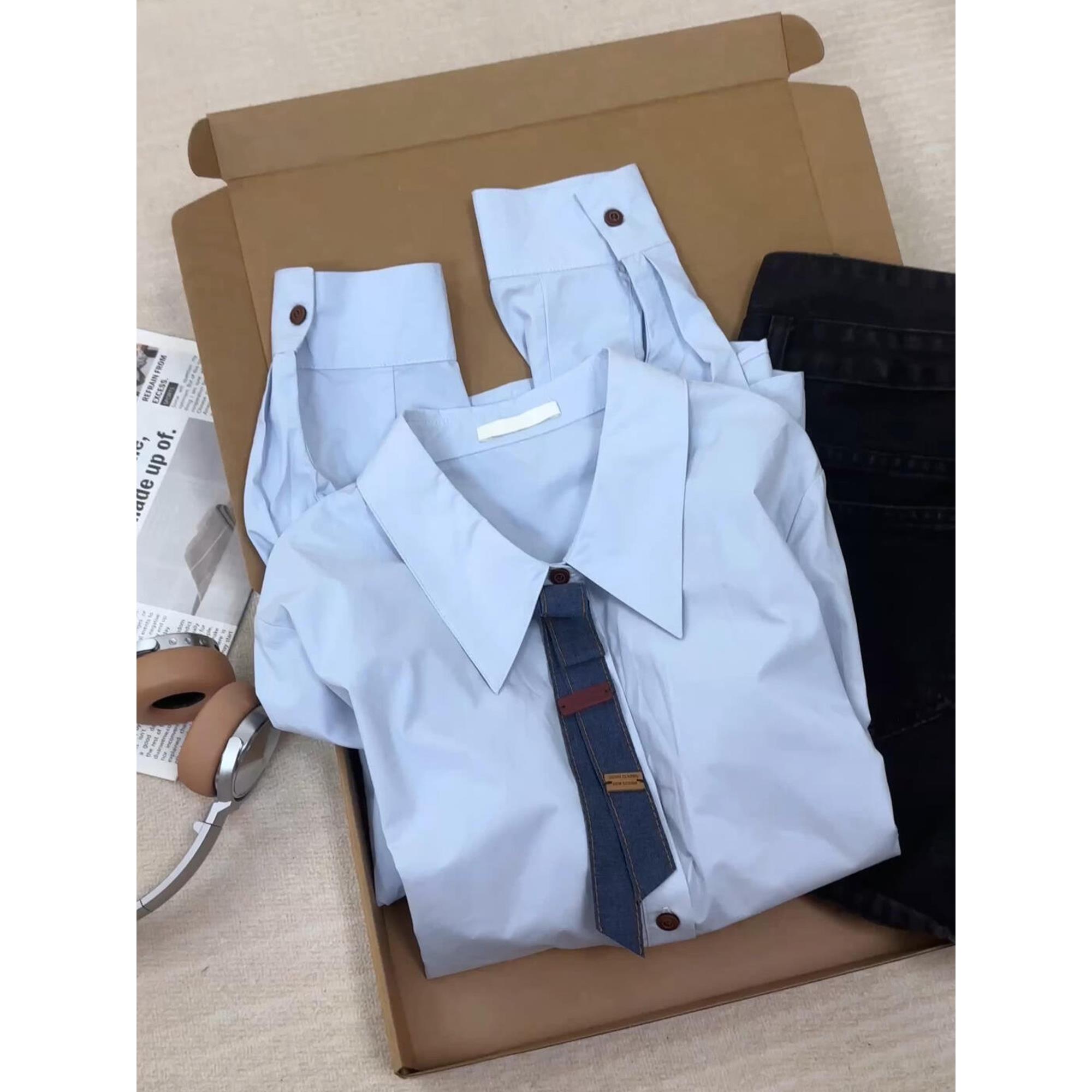 墙裂推荐！韩系学院风衬衣时尚设计感小众翻领长袖宽松减龄衬衫女