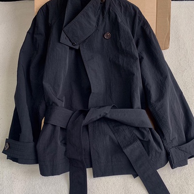 深圳南油轻奢高端货~高级感黑色立领短款风衣女系带防风开衫秋冬