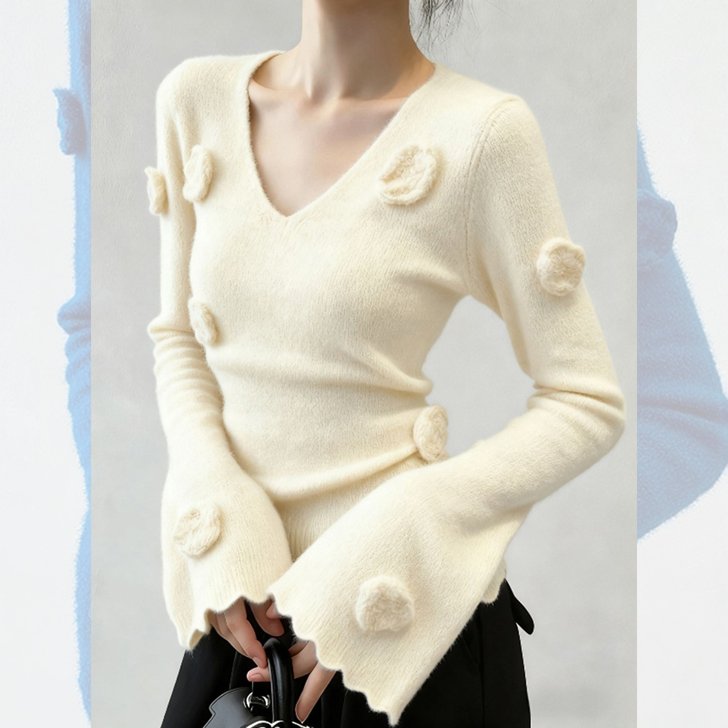 米白色v领修身立体花朵喇叭袖收腰毛衣秋冬女2025新款针织衫上衣