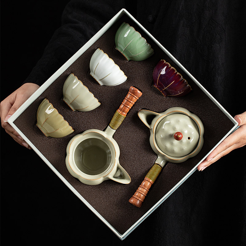 景德镇高端汝窑茶具套组家用陶瓷轻奢高档侧把泡茶壶茶杯子礼盒装