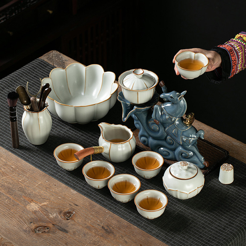 汝窑骏马生财懒人自动茶具套装家用中式复古陶瓷盖碗泡茶器茶杯子