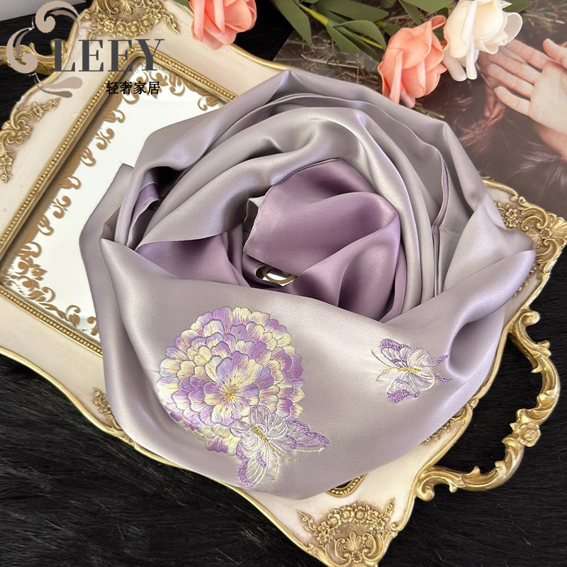 LEEY真丝苏绣围巾桑蚕丝披肩紫色花朵刺绣礼盒包装生日礼物送长辈