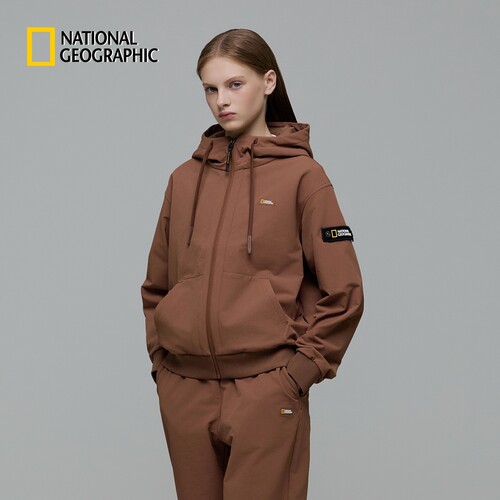 国家地理女士阿克隆户外运动休闲宽松抓绒夹克外套开衫连帽卫衣