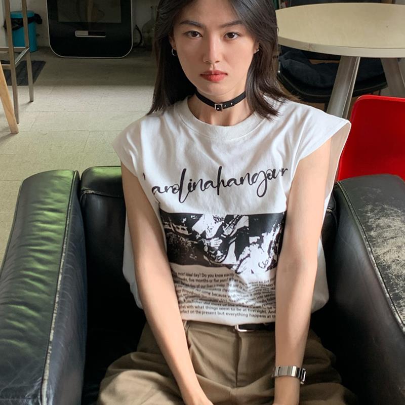 夹心蛋挞 美式白色背心女夏外穿2024新款宽松中性T恤坎肩无袖上衣