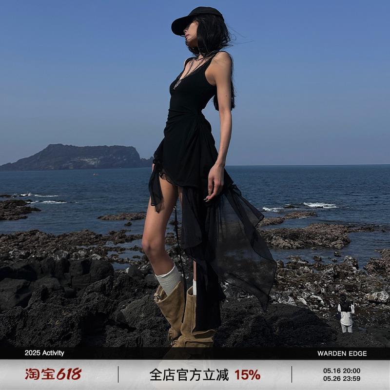 韩好甜WARDEN EDGE 黑色针织拼雪纺连衣裙女修身显瘦小个子吊带裙