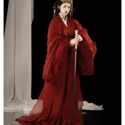 红色飘逸长款中国风直裾复原古装