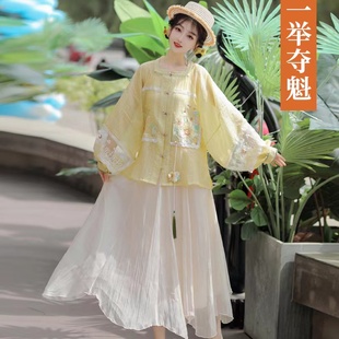 原创汉服女明制春夏季日常仙气中国风向阳花纯色大码短衫方领半袖