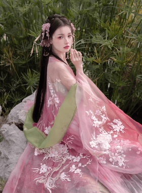 春日宴粉色晕染外绣花大袖诃子裙夏粉色桃花摄影古风仙女重工汉服