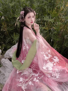 春日宴粉色晕染外绣花大袖 诃子裙夏粉色桃花摄影古风仙女重工汉服