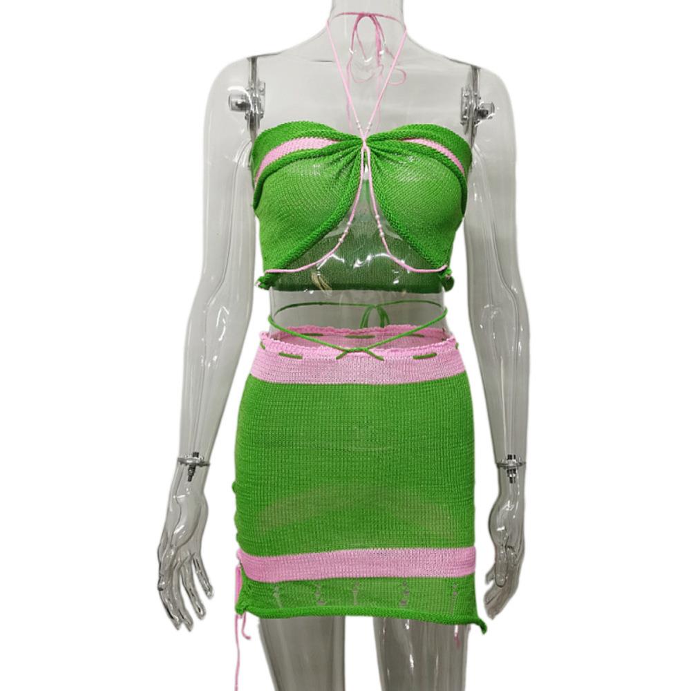 Summer contrast color pearl halter neck sleeveless wrap