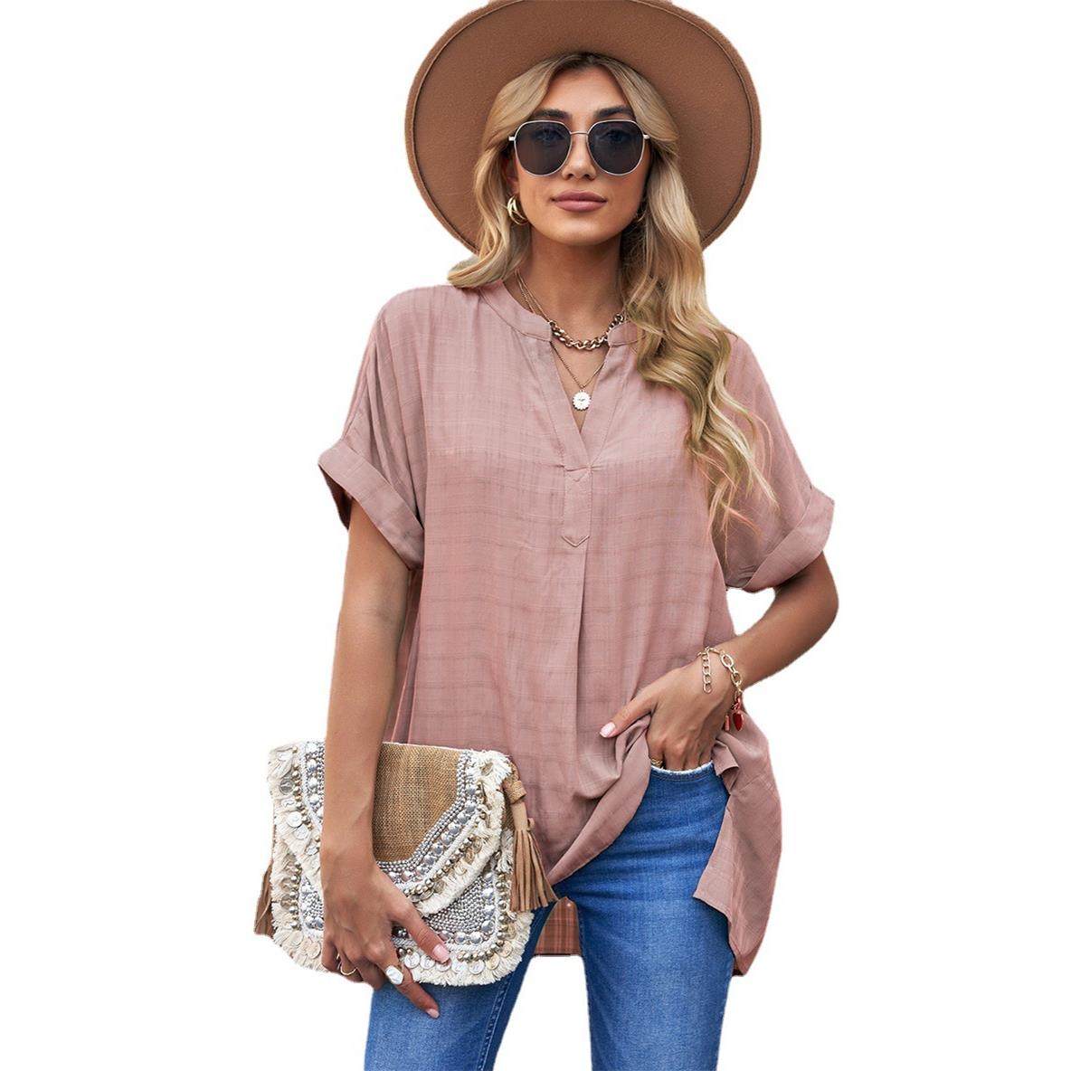 in V-neck shirt sleeves short slits pleats pullover middle