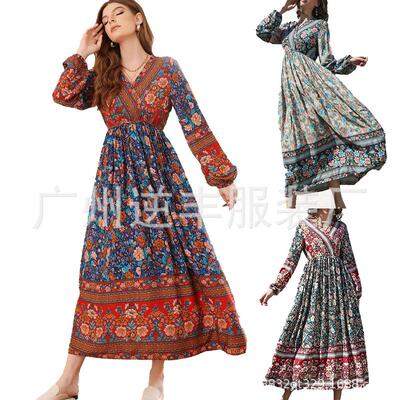 Womens long sleeve bohemian dress casual holiday beach