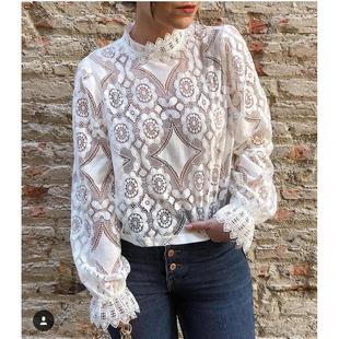 out casual stand lace hollow white tops loose summer lady