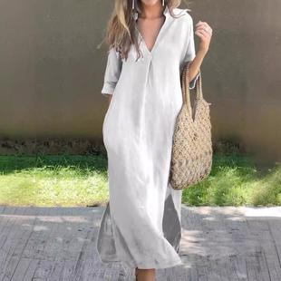 with sides sleeve split dress neck Cotton linen and both