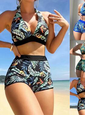 Swimsuit two-piece digital boxer shorts halter neck tie