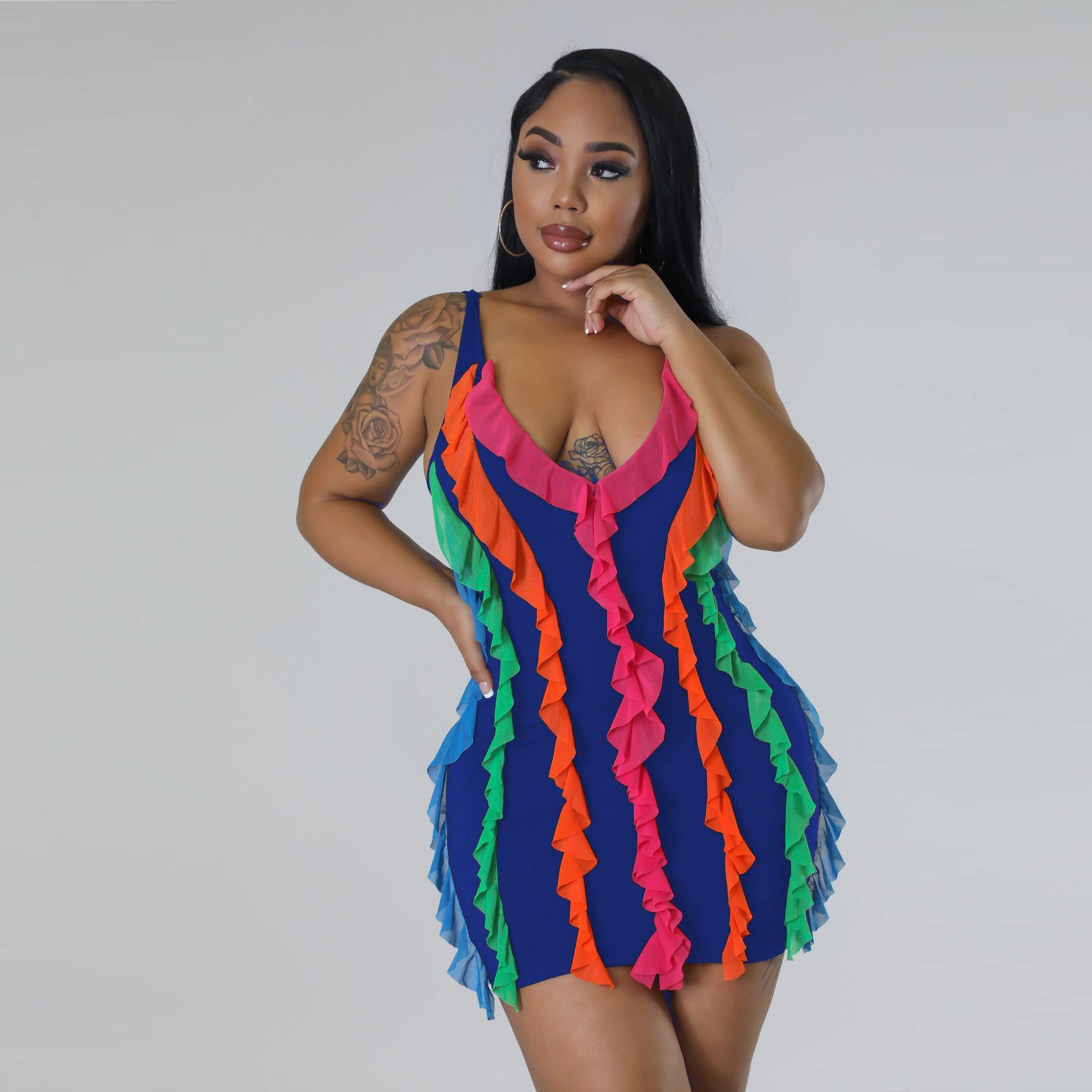 Solid color mesh see-through chest wrap pleated irregular