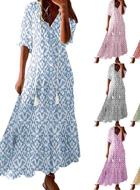 Mid-Waist Womens Bohemian Long Style V-Neck Loose Dress