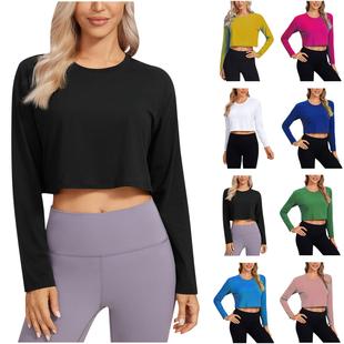 Long Sleeve Top Shirt Cropped Workout Fitness Navel Loose