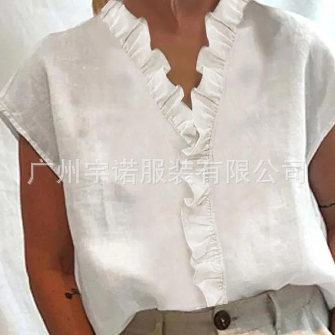 shirt casual short-sleeved stitching lace linen and cotton