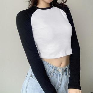 sexy baring short navel Womens color contrast sleeved solid