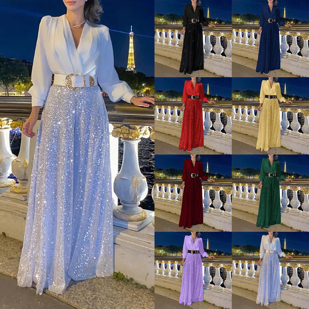 Legs Wide Sequined Slimming Waist Elegant Shirt