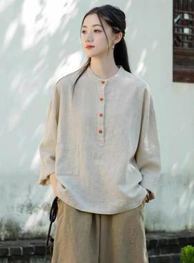 Cotton and linen womens clothing linen stand collar color