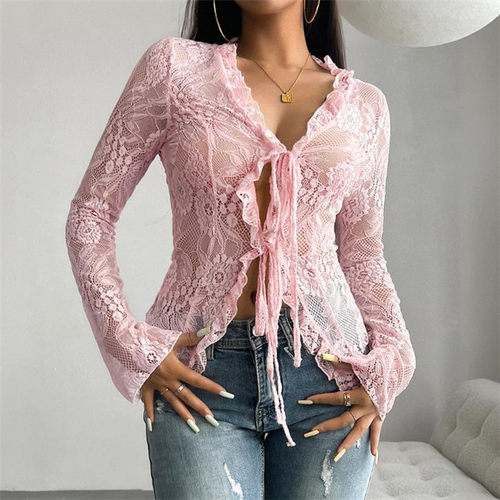 欧美时尚性感修身长袖蕾丝衫上衣女 sexy lace top blouse women