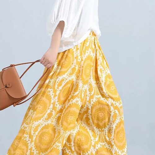Yellow Casual Wide Leg Trousers女式宽松九分裙裤百搭阔腿裤