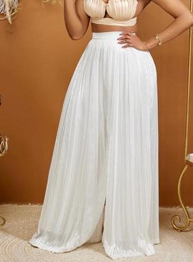 trousers wide-leg pleated loose casual color solid womens