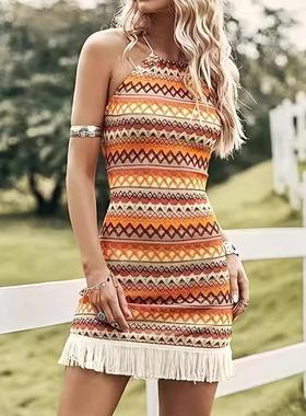 Bohemian style halter neck dress with tassels and slim fit