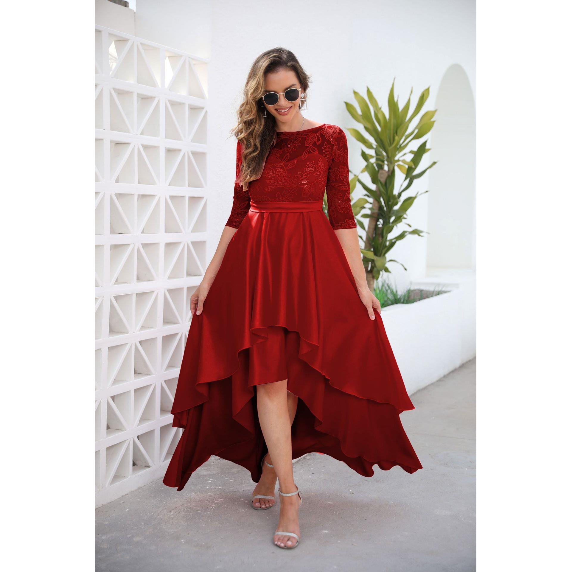 Dress Red Dress Evening Lace Sequined Dress Tail Neck Round