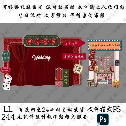 244红色复古民国风港风老上海怀旧新中式婚礼效果图psd设计素材