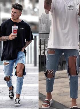 Fashion jeans pants with holes trousers skinny big Mens