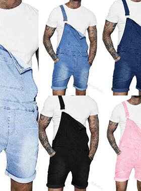 Fashionable men's denim jumpsuit with suspenders and hems