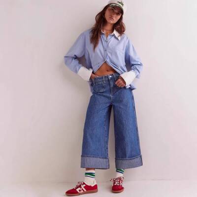 Striped wide-leg denim capri pants女装宽松条纹阔腿牛仔七分裤