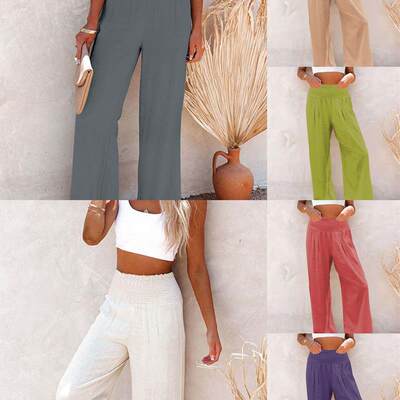 Womens Cotton Linen Elastic Waist Wide Leg Pants Casual