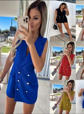 Double-breasted sleeveless small suit jumpsuit skirt pants