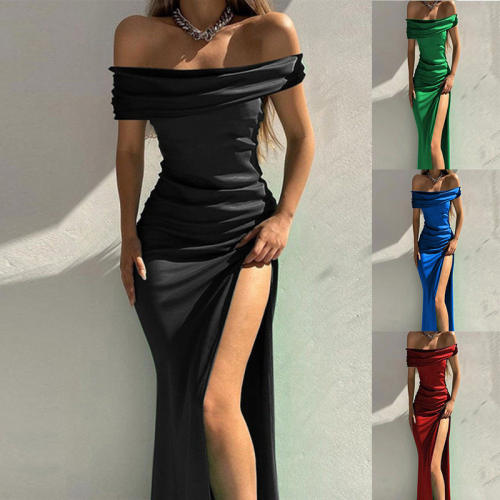 Ladies Off Shoulder Split Satin Evening Dress一字肩开叉连衣