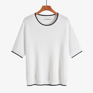 knit color sweater short threaded Womens sleeve contrast