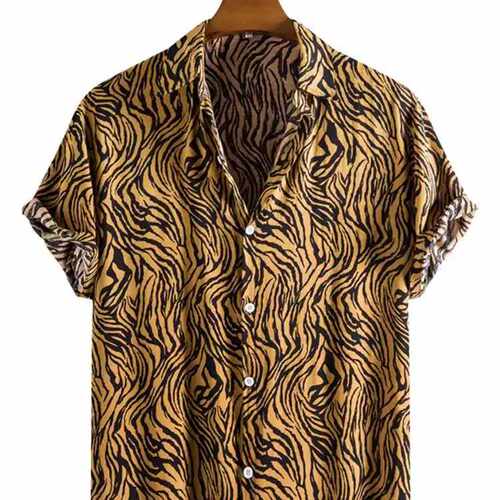 2026夏季新款欧美男士时尚潮流豹纹印花休闲短袖衬衫men's shirts