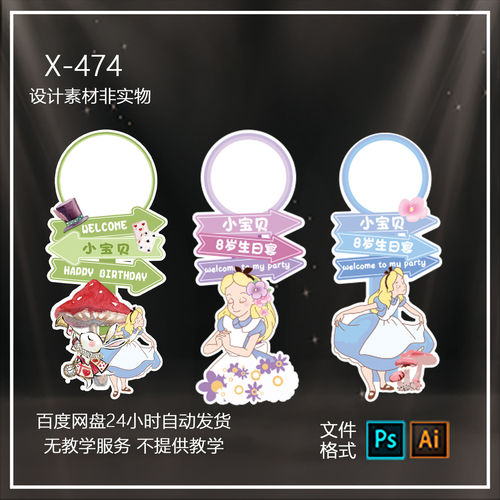 爱丽丝童话主题生日迎宾牌卡通插画设计素材PSD源文件